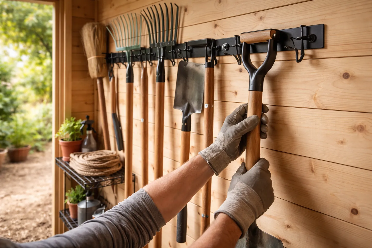 Gros plan de mains gantées rangeant des outils à manche sur des crochets dans un abri de jardin.