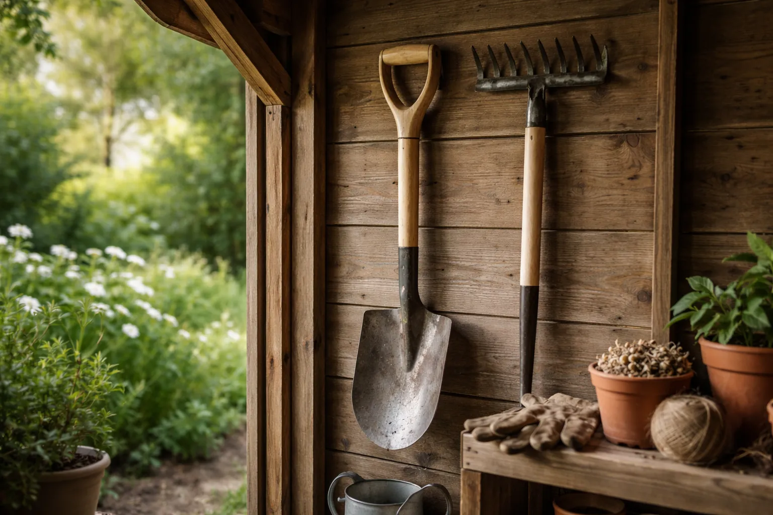 Gros plan sur des outils de jardin à manche en bois suspendus sur un mur intérieur d'abri, avec une pelle et un râteau sans marque.