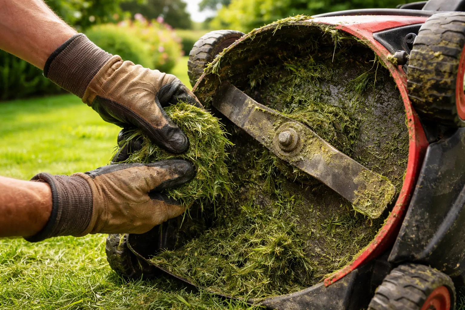 Gros plan de mains gantées retirant l'herbe accumulée sous le carter d'une tondeuse sans marque visible.