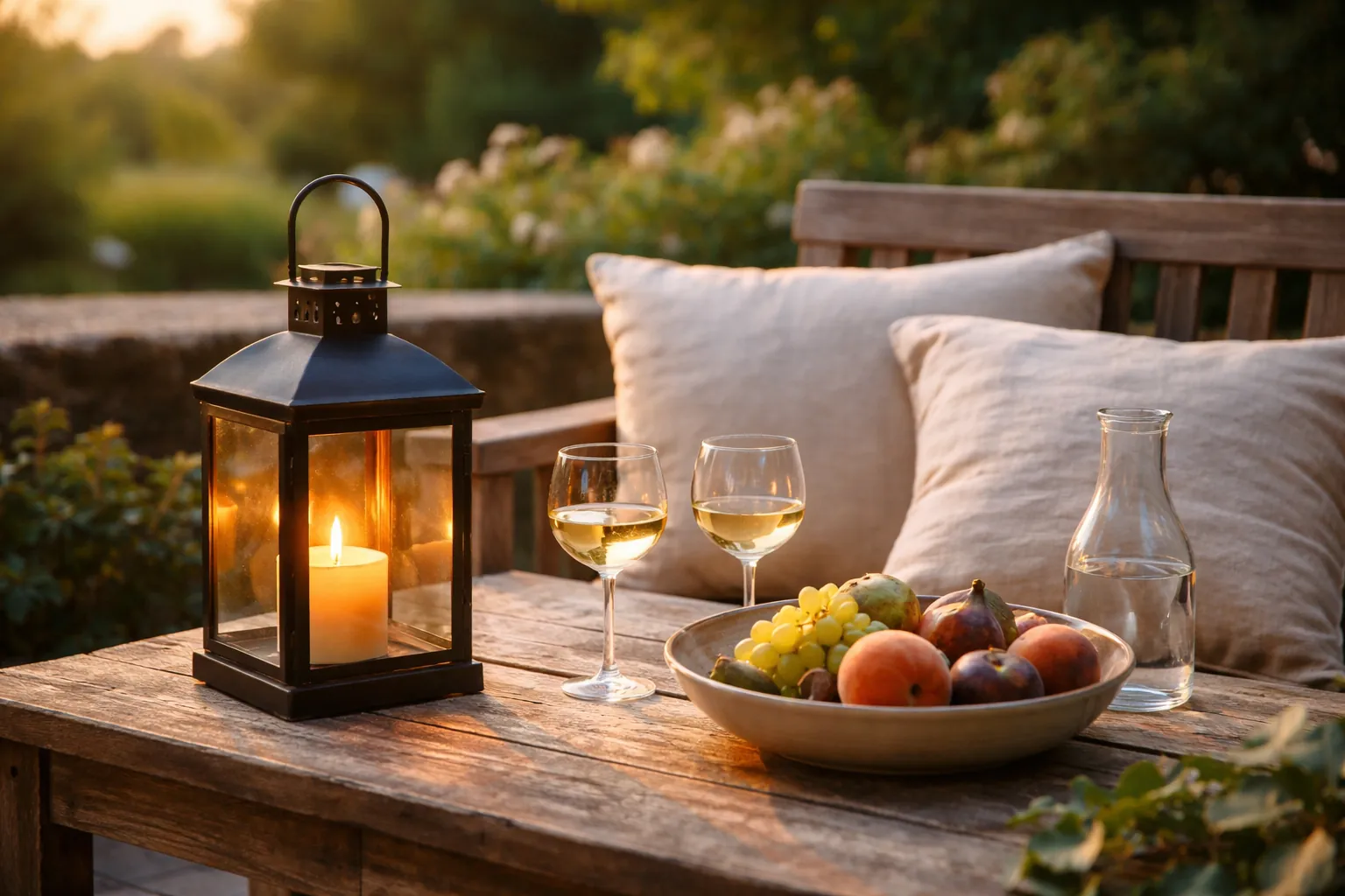 Gros plan sur une table en bois sur une terrasse dallée, avec une lanterne allumée, des coussins en lin et des verres posés en fin de journée.