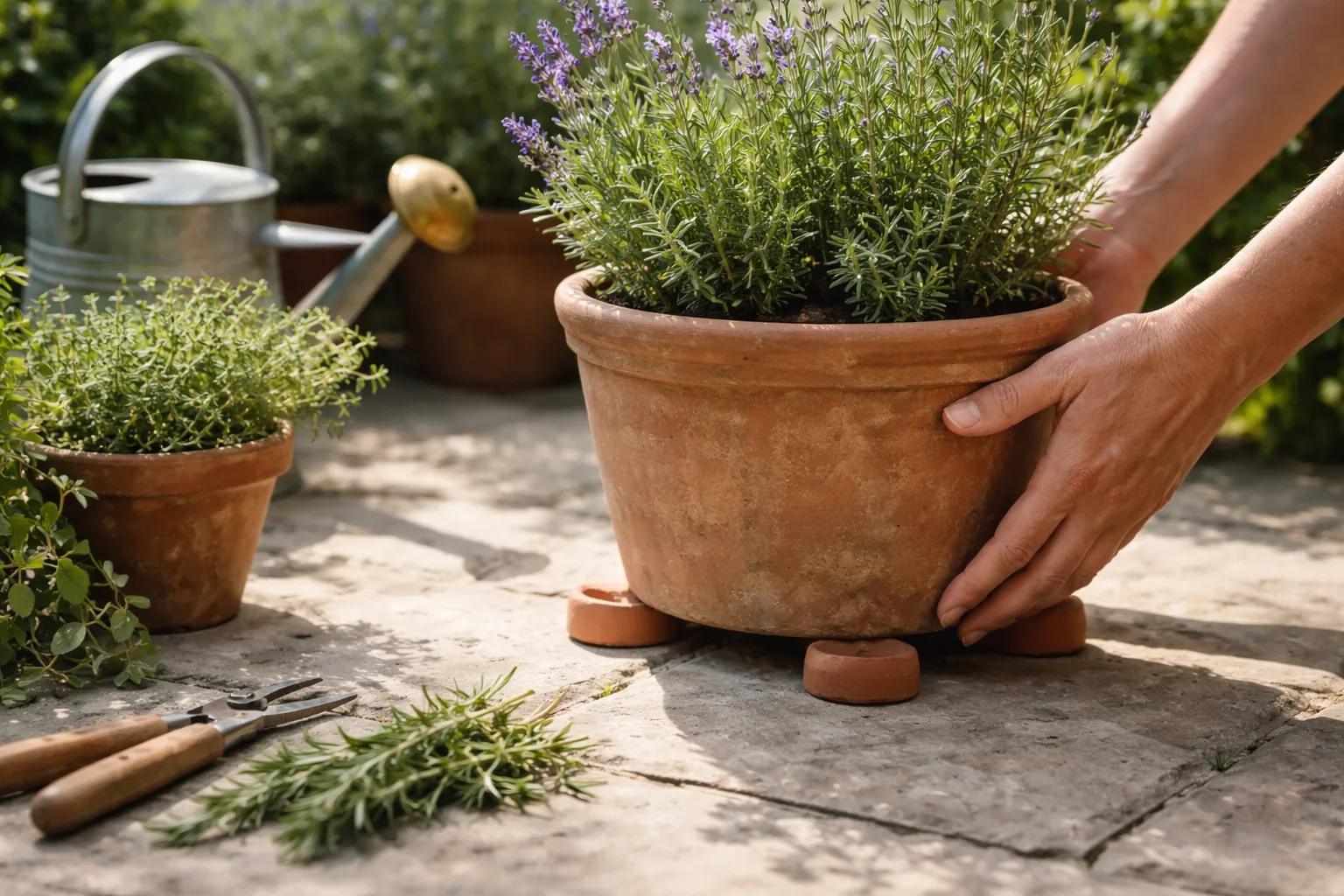 Gros plan sur des mains installant un pot en terre cuite sur une terrasse en pierre.