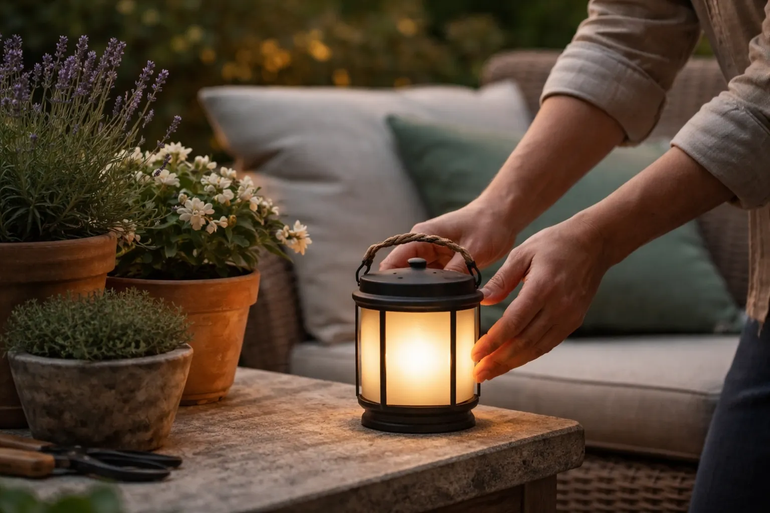 Gros plan sur des mains déposant une lanterne près de plantes en pot et de coussins sur une terrasse au crépuscule.