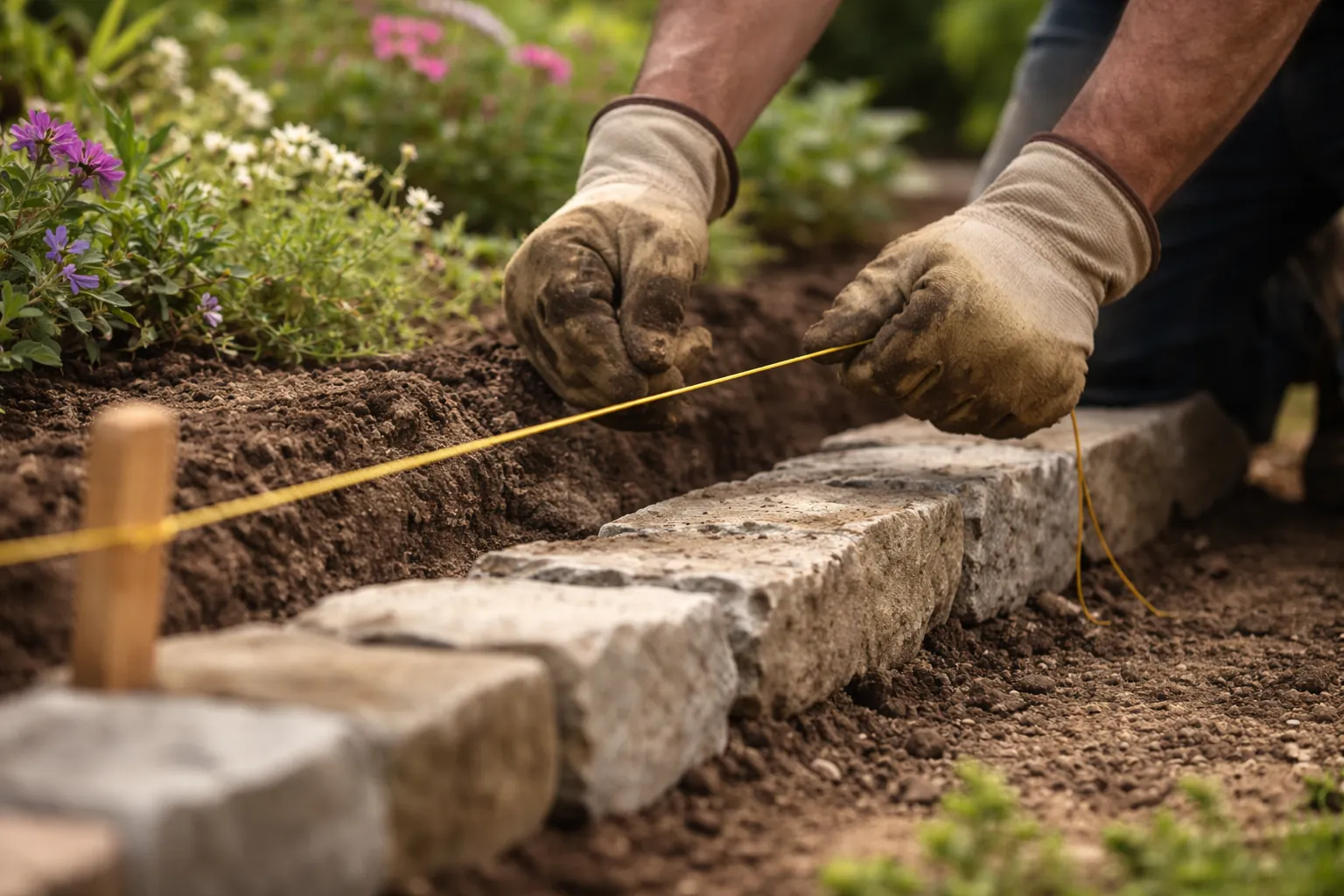 Gros plan sur des mains gantées tendant un cordeau pour tracer l'implantation d'un muret bas dans un jardin.