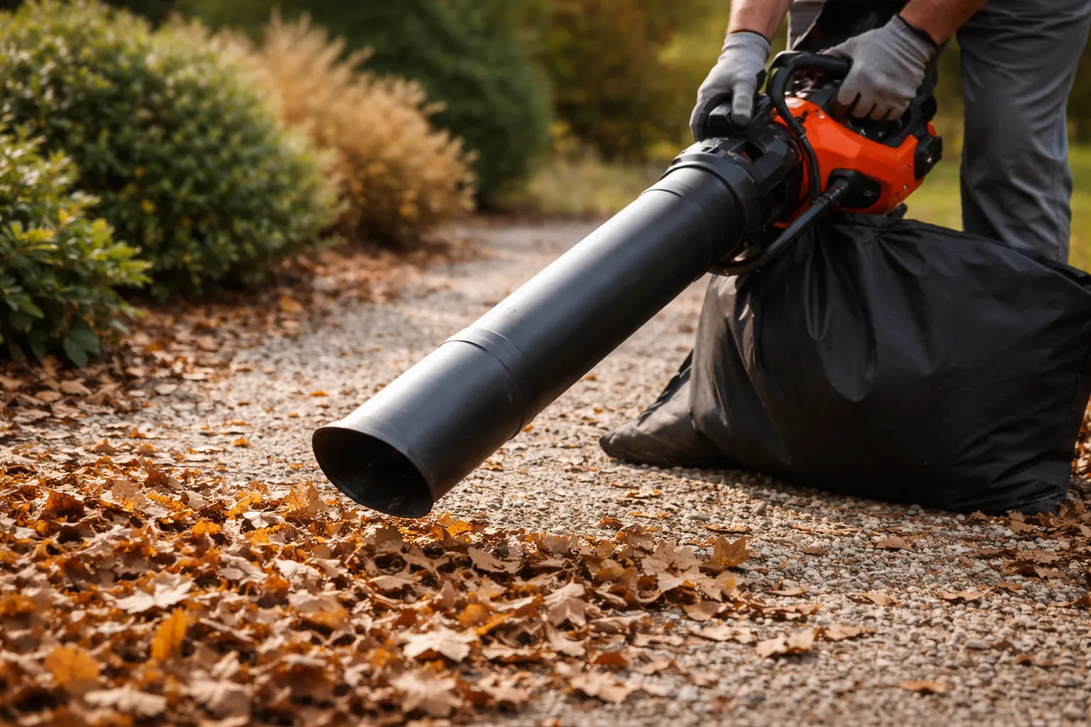 Gros plan de mains gantées guidant la buse d'un aspirateur souffleur thermique générique au-dessus de feuilles sèches sur une allée gravillonnée.