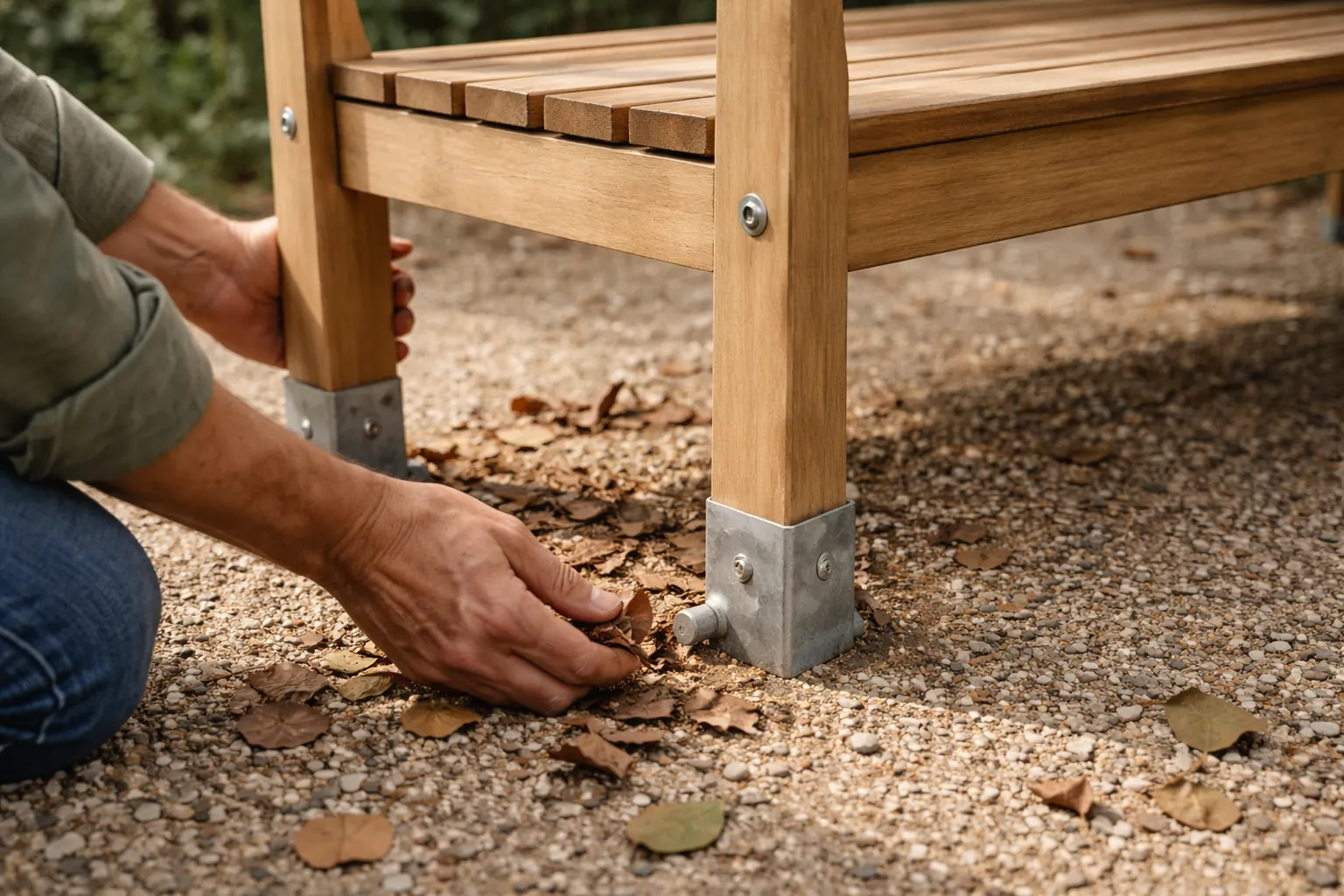 Gros plan de mains retirant des feuilles et vérifiant les pieds d'un banc en bois posé sur un sol de gravier sec.