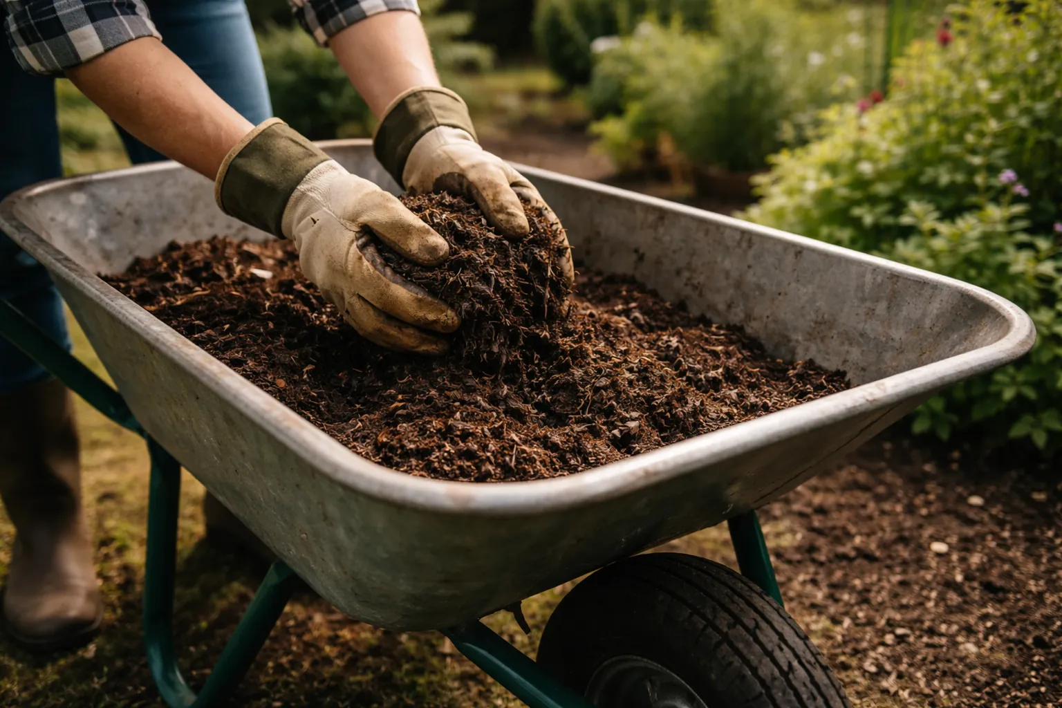 Gros plan sur des mains gantées répartissant du compost au fond d'une brouette sans marque.