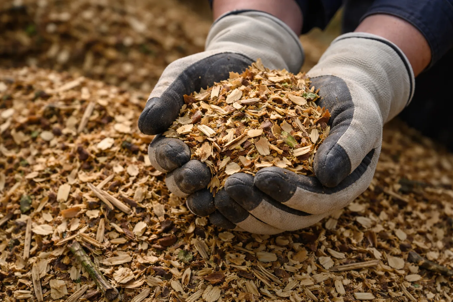 Gros plan sur des mains gantées tenant une poignée de broyat de branches frais au-dessus d'un tas de copeaux.