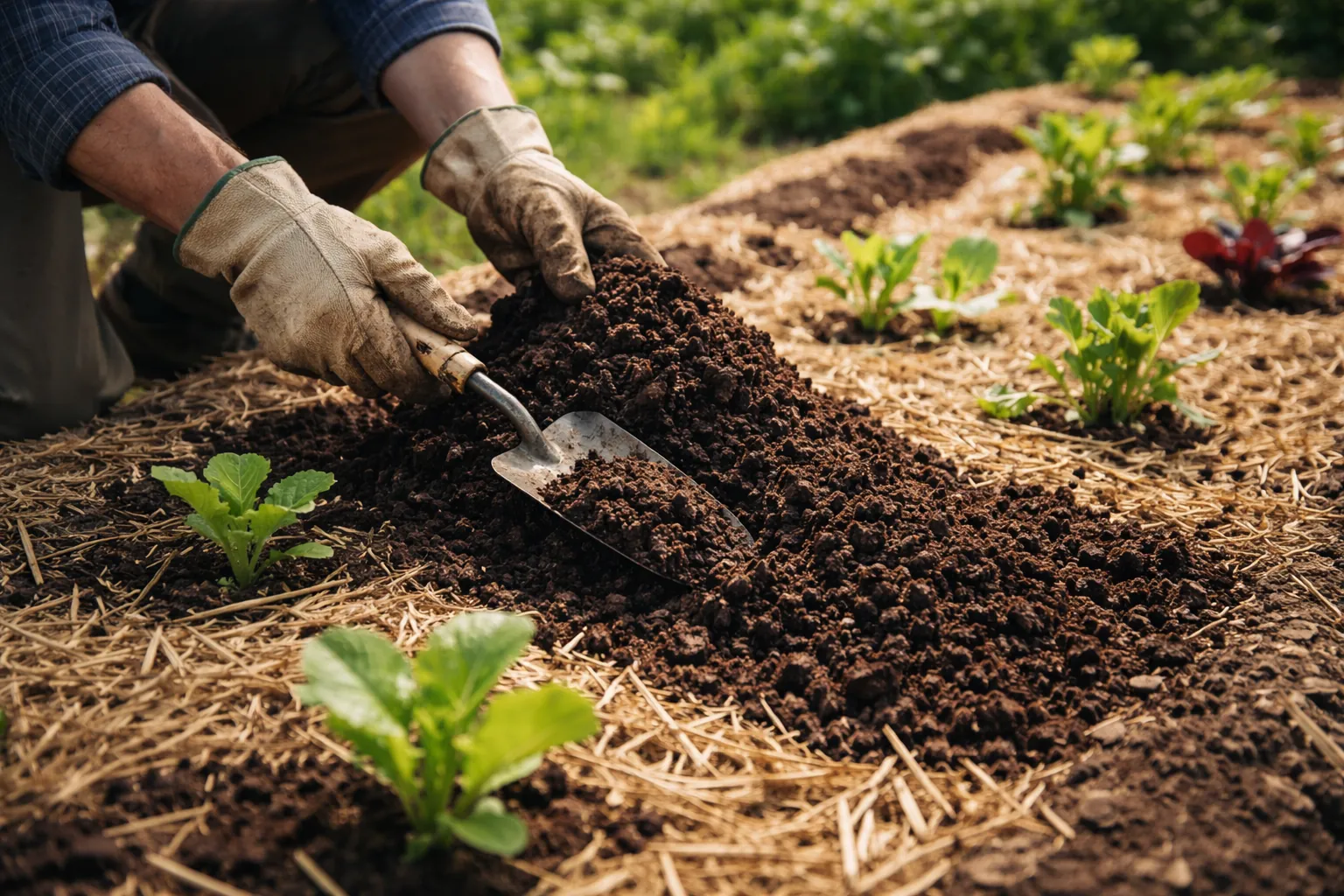 Gros plan sur des mains gantées répartissant du compost mûr autour de jeunes légumes sur une planche paillée.