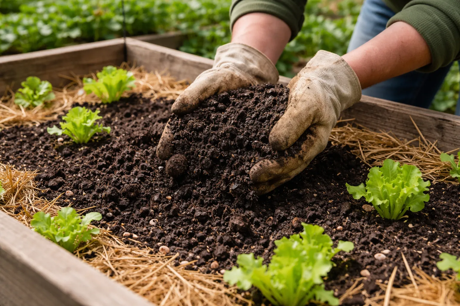 Gros plan sur des mains gantées incorporant du compost mûr dans la terre d'un bac potager, près de jeunes salades paillées.