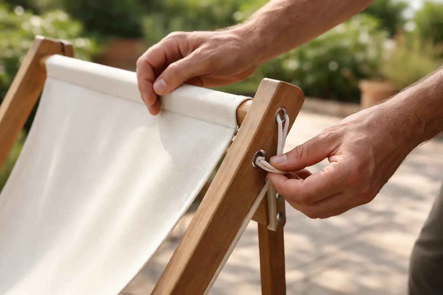 Gros plan sur des mains vérifiant la tension de la toile et les fixations latérales d'une chilienne en bois.