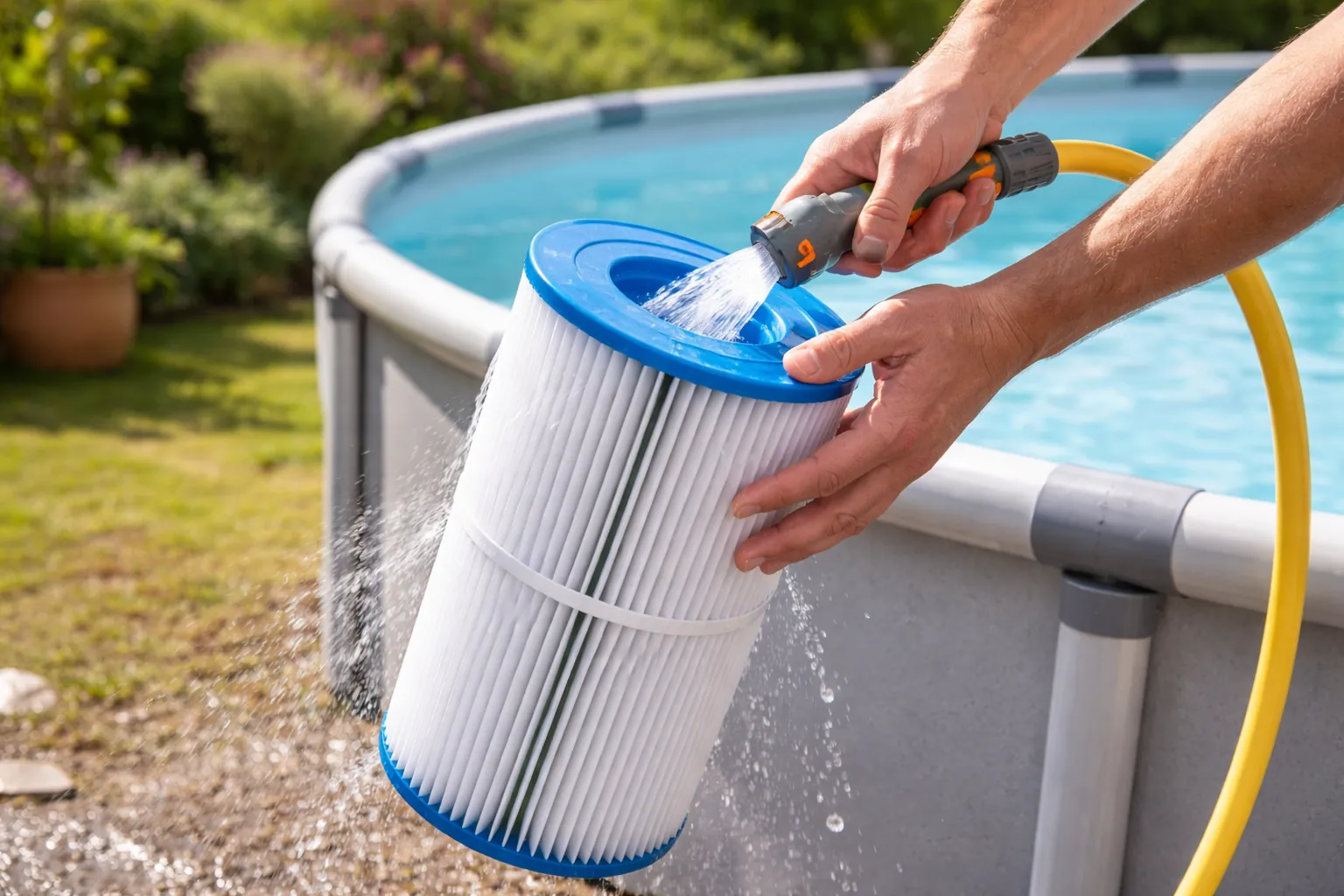 Gros plan sur des mains rinçant les plis d'une cartouche de filtre de piscine près d'un bassin hors-sol.