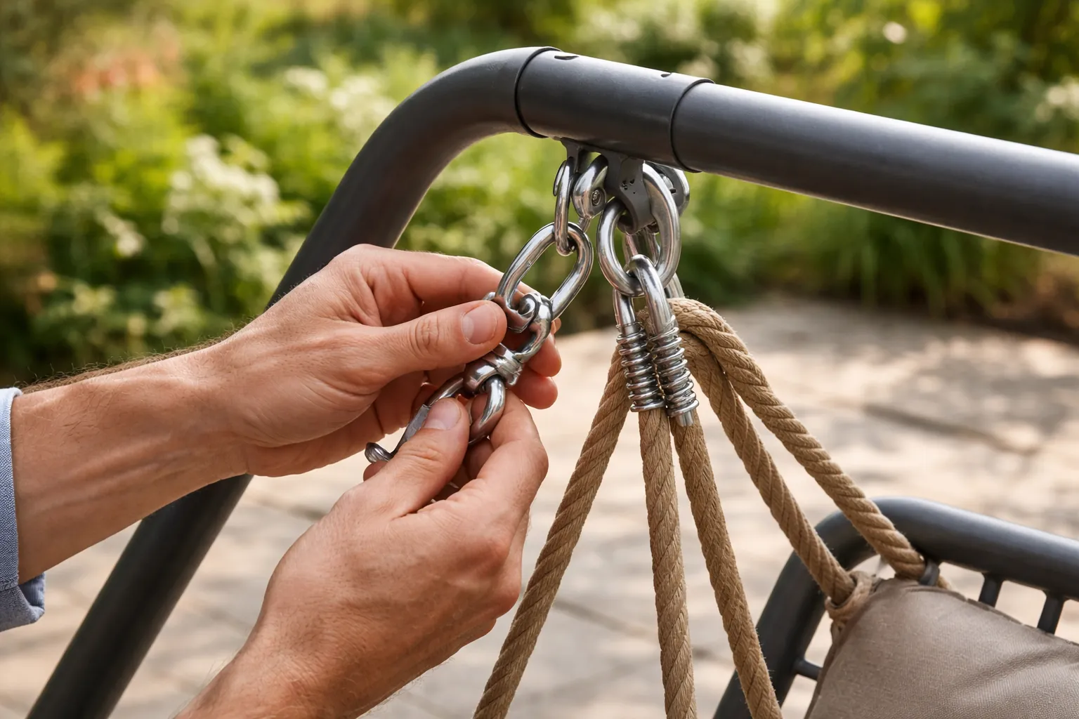 Gros plan sur des mains vérifiant la fixation et la corde d'un fauteuil suspendu sur une terrasse stable.