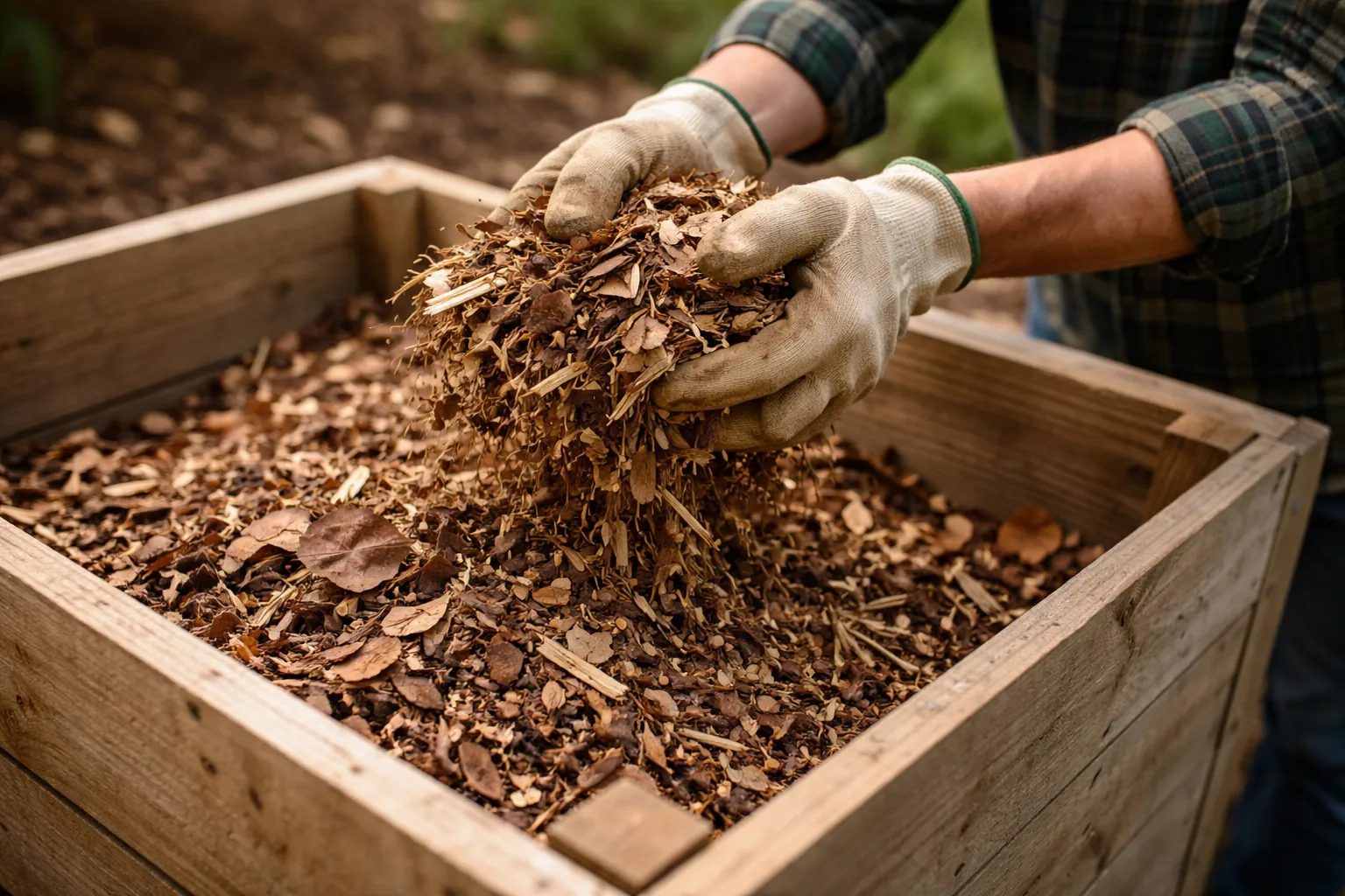 Gros plan sur des mains gantées remplissant un composteur en bois avec des feuilles mortes et du broyat de branches.