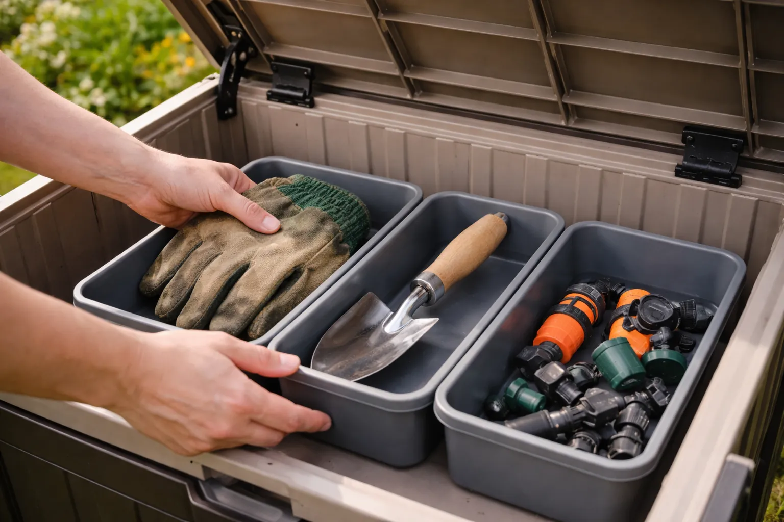 Gros plan sur des mains rangeant des gants, une petite pelle et des raccords d'arrosage dans un coffre de jardin sec et organisé.