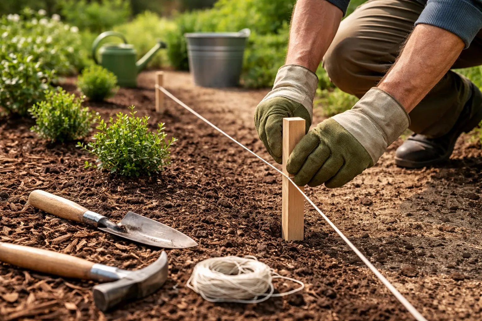 Gros plan sur des mains gantées traçant l'emplacement d'une allée de jardin avec un cordeau et des piquets.