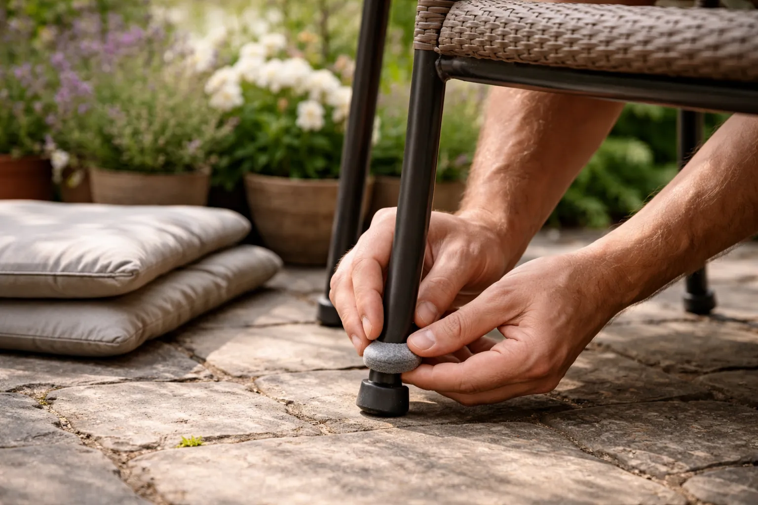 Gros plan sur des mains posant des patins sous le pied d'une chaise de jardin sur une terrasse.