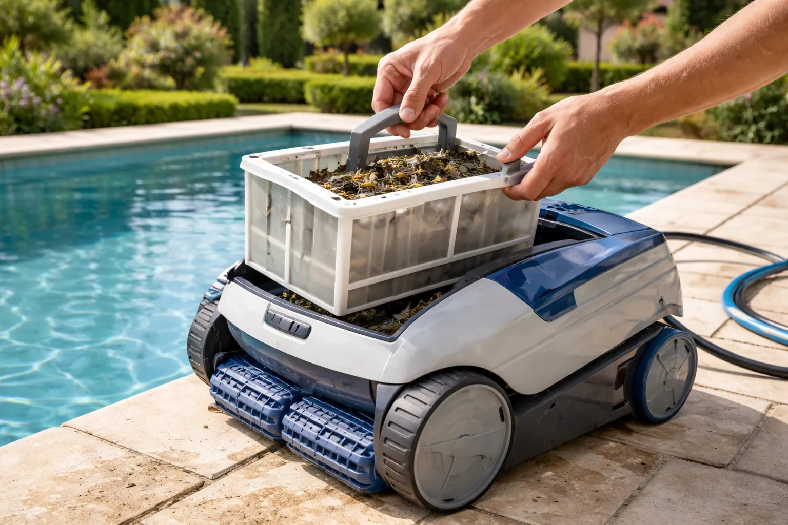 Gros plan sur des mains retirant le panier filtrant d'un robot de piscine rempli de petits débris végétaux.