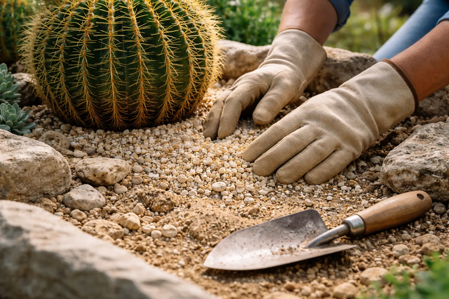Des mains gantées déposent des graviers autour du collet d'un cactus dans un substrat minéral drainant.
