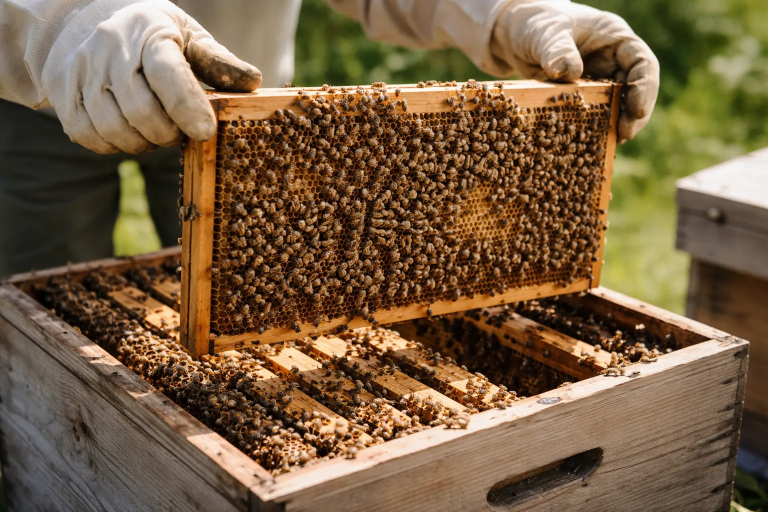 Gros plan sur des mains gantées soulevant un cadre de cire recouvert d'abeilles au-dessus d'une ruche en bois.
