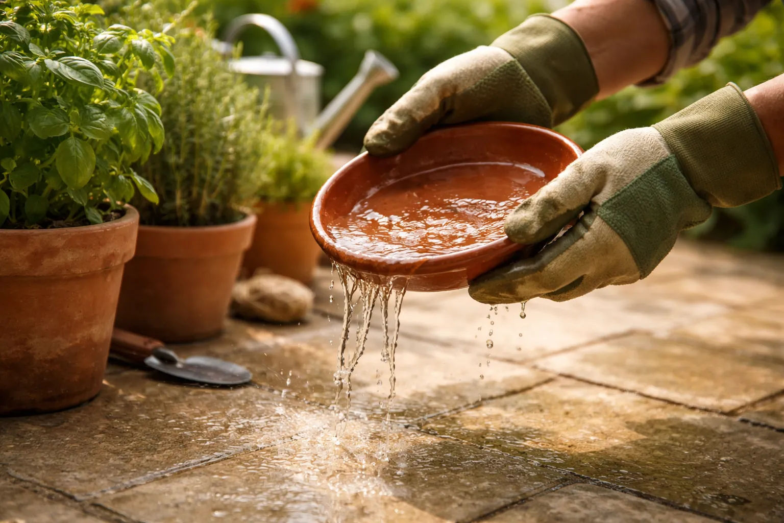Gros plan sur des mains gantées vidant l'eau d'une coupelle sous un pot de plantes aromatiques.