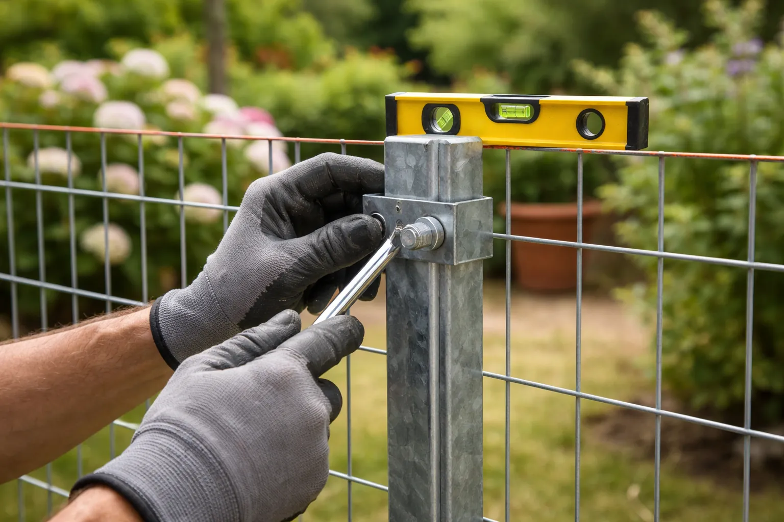 Gros plan sur des mains gantées fixant un panneau de grillage à un poteau métallique avec une attache.