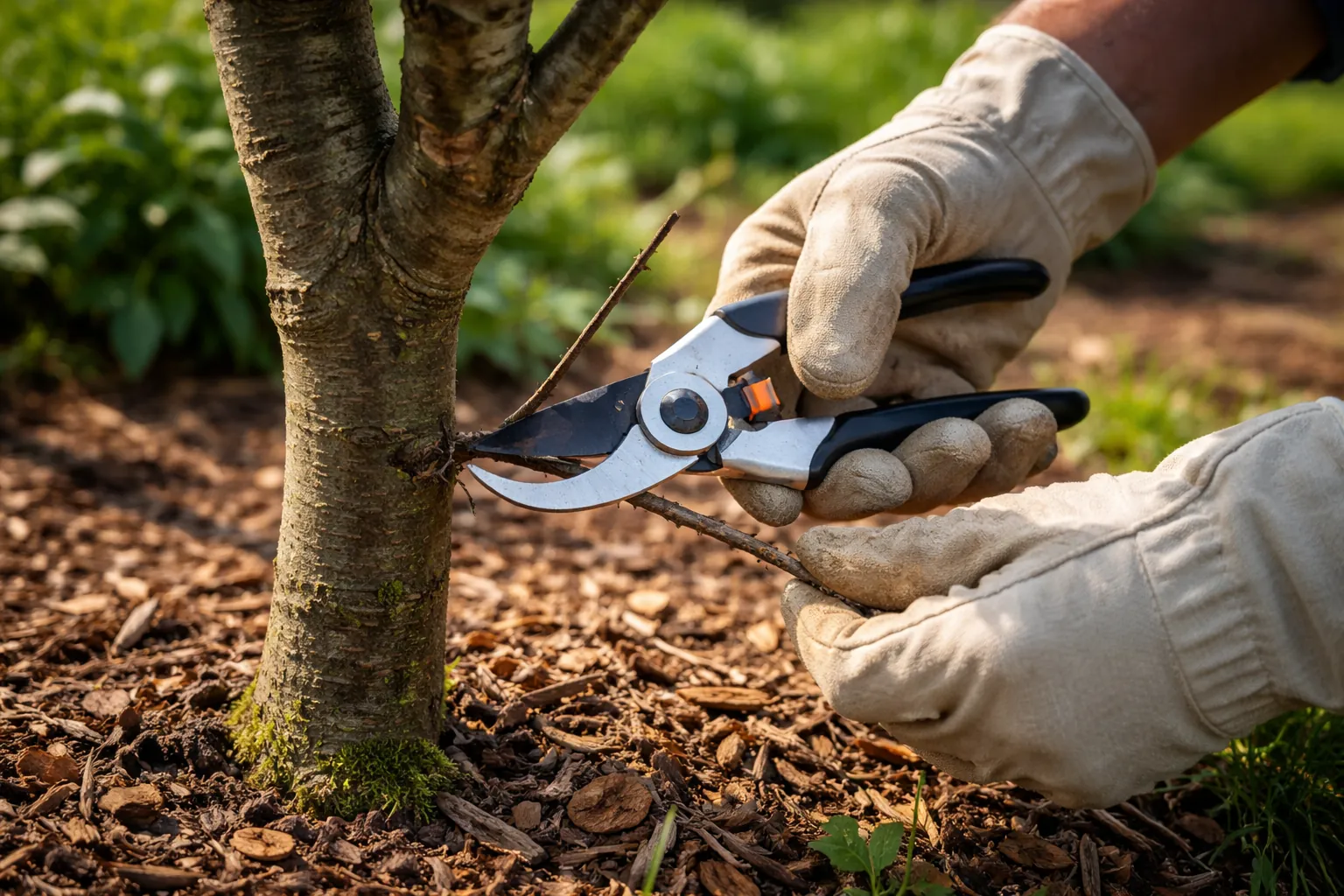 Gros plan sur des mains gantées utilisant un sécateur pour retirer un petit rameau sec sur un jeune arbre.