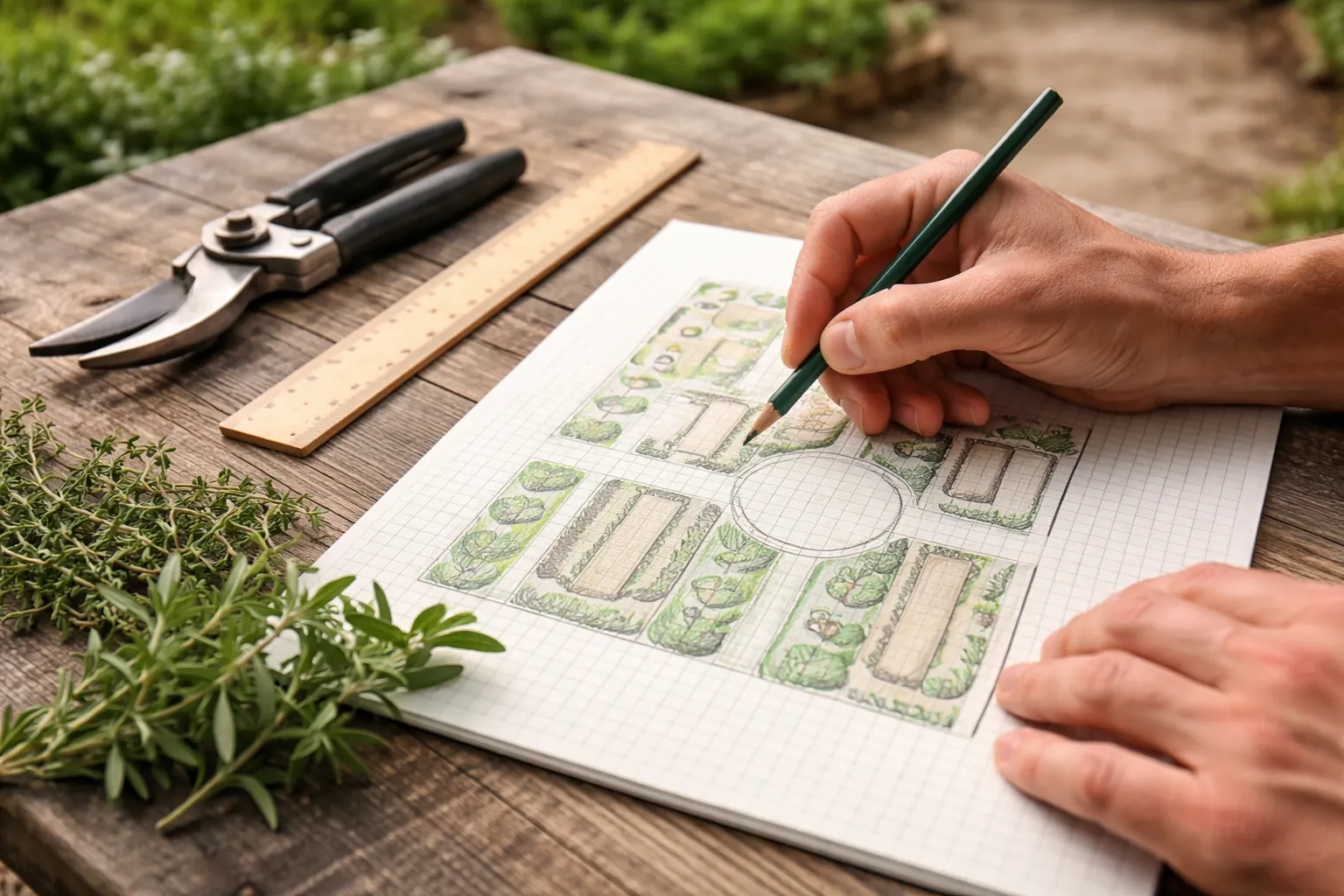 Gros plan sur des mains traçant un plan de jardin à côté d'un sécateur générique et de quelques végétaux.