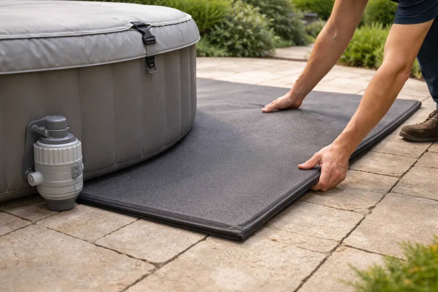 Gros plan sur des mains installant un tapis de protection près d'un spa gonflable sur une terrasse de jardin.