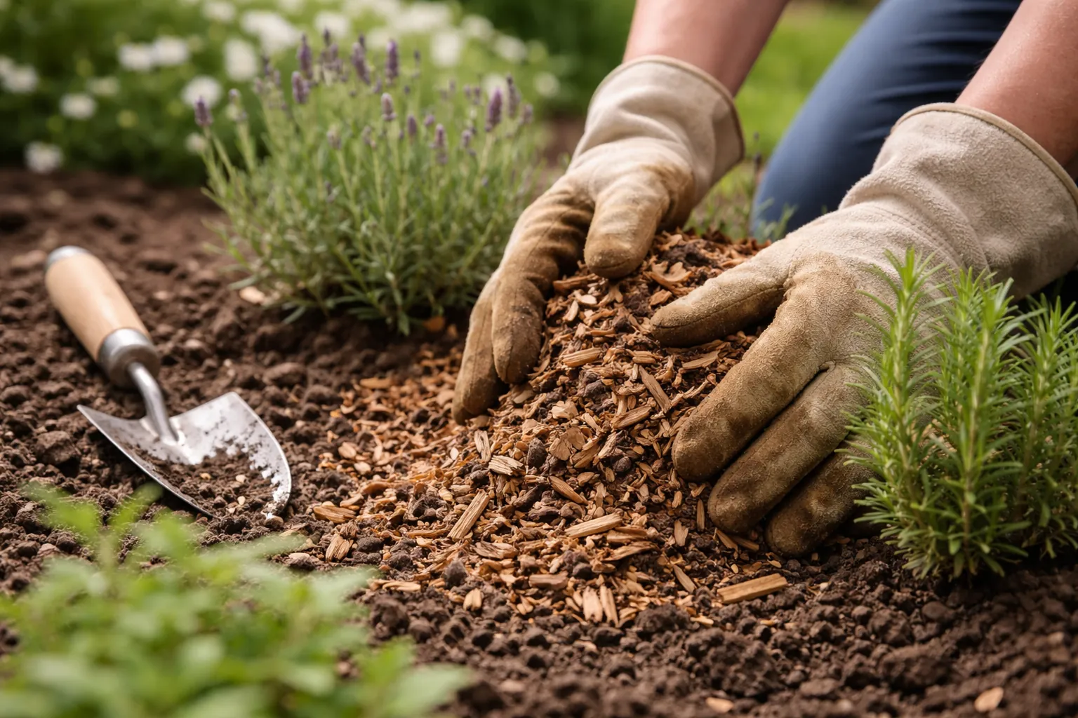 Gros plan sur des mains gantées qui déposent un paillage autour de jeunes plantes aromatiques, avec un transplantoir posé sur la terre.
