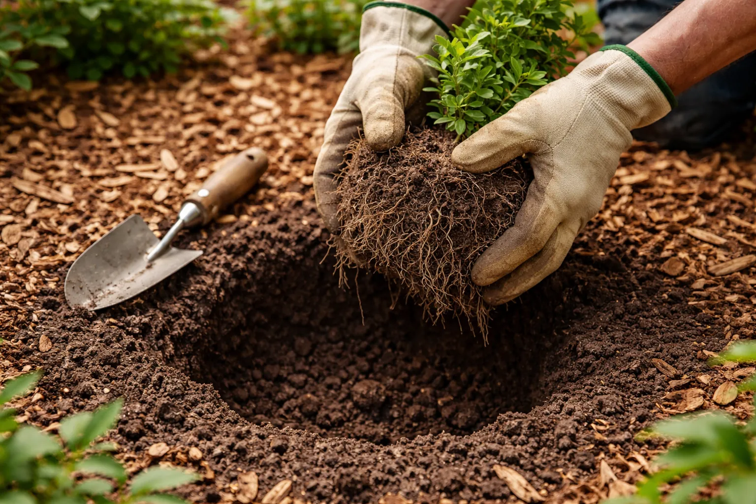 Gros plan sur des mains gantées qui desserrent les racines d'un arbuste avant sa plantation.