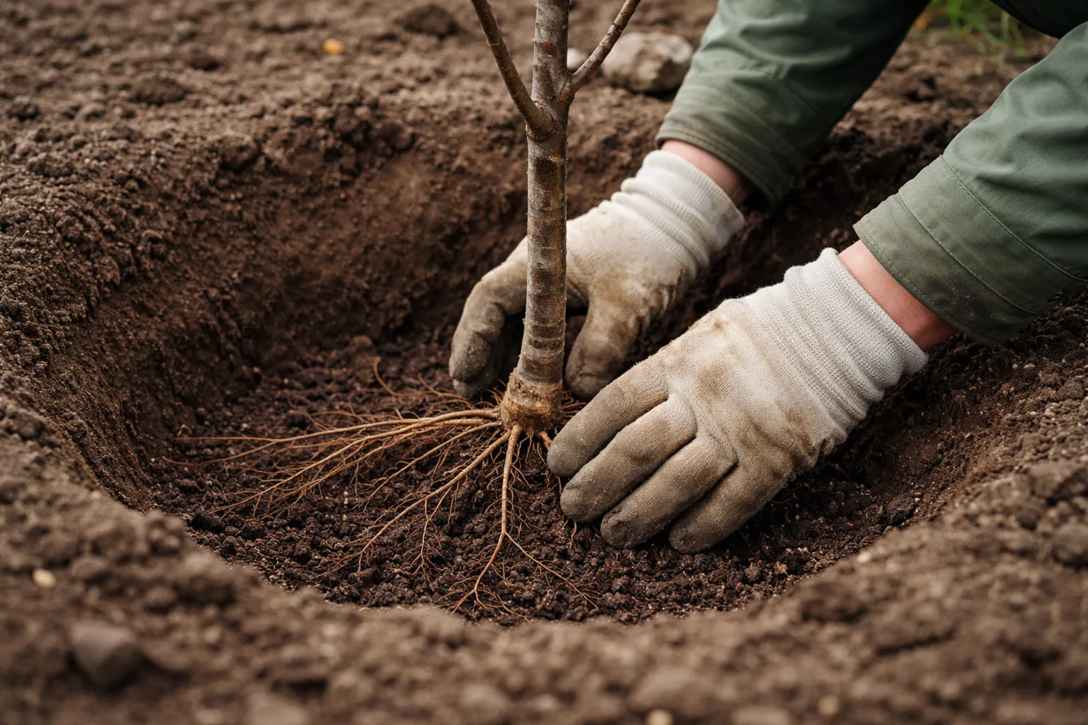 Gros plan sur des mains gantées plaçant un jeune arbre à racines nues dans un trou large, le collet au niveau du sol.