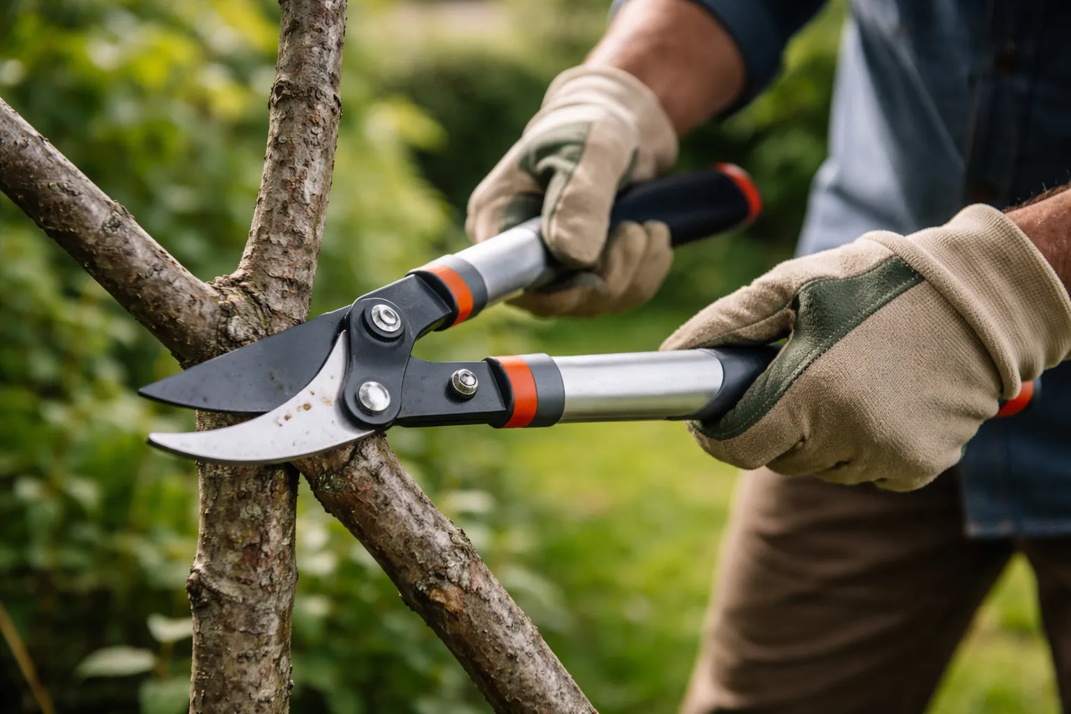 Gros plan sur des mains gantées plaçant un coupe-branche propre à la base d'une branche ligneuse.