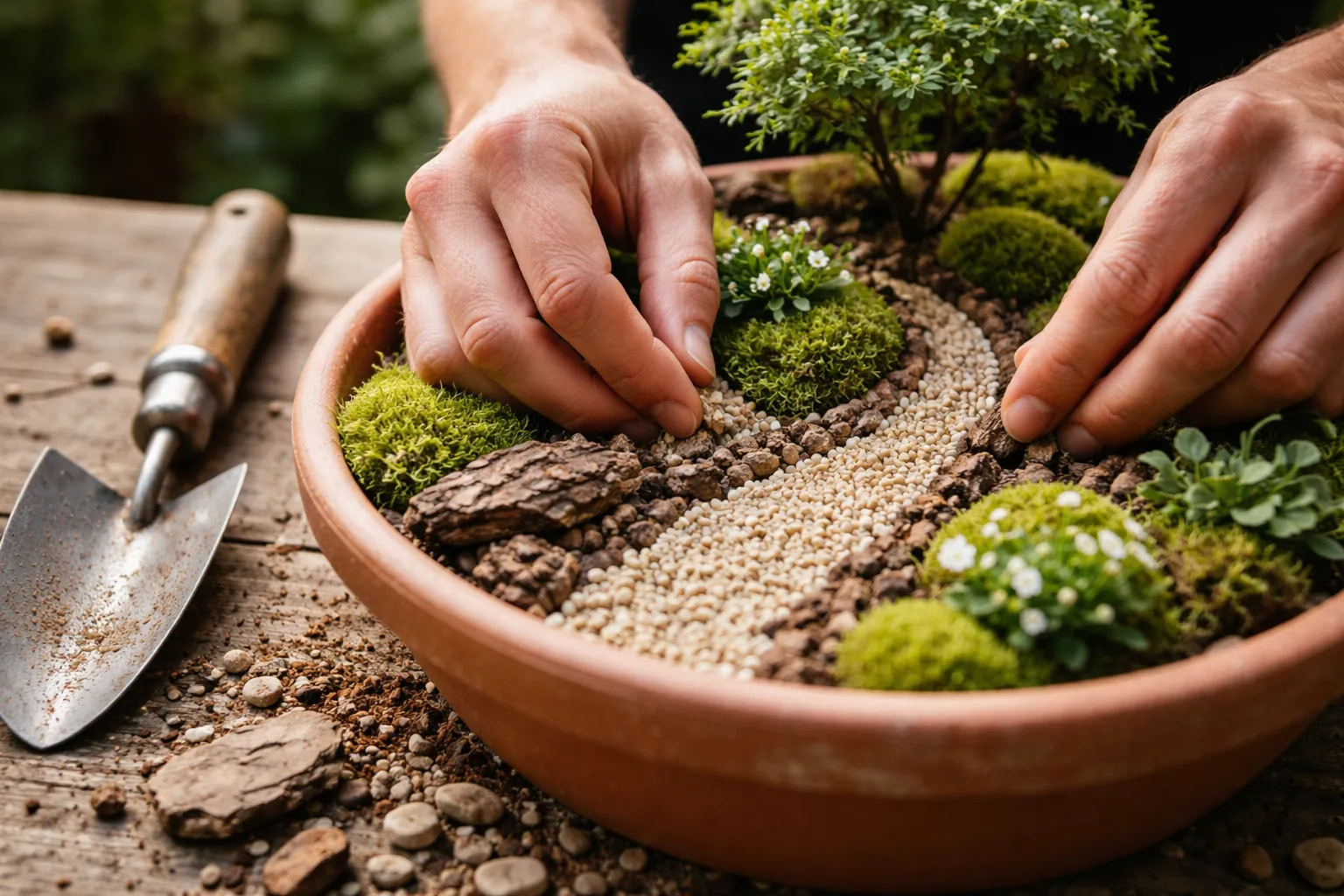 Gros plan sur des mains disposant du gravier autour de petites plantes dans un pot en terre cuite.