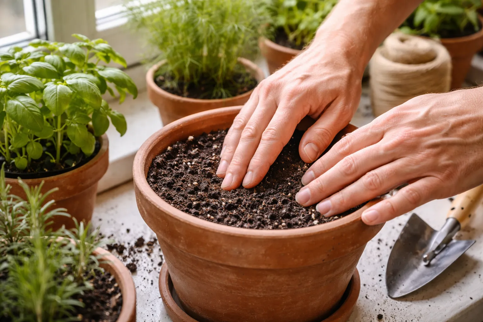 Gros plan sur des mains vérifiant l'humidité du terreau dans un pot percé, près de jeunes aromatiques sur un rebord de fenêtre lumineux.