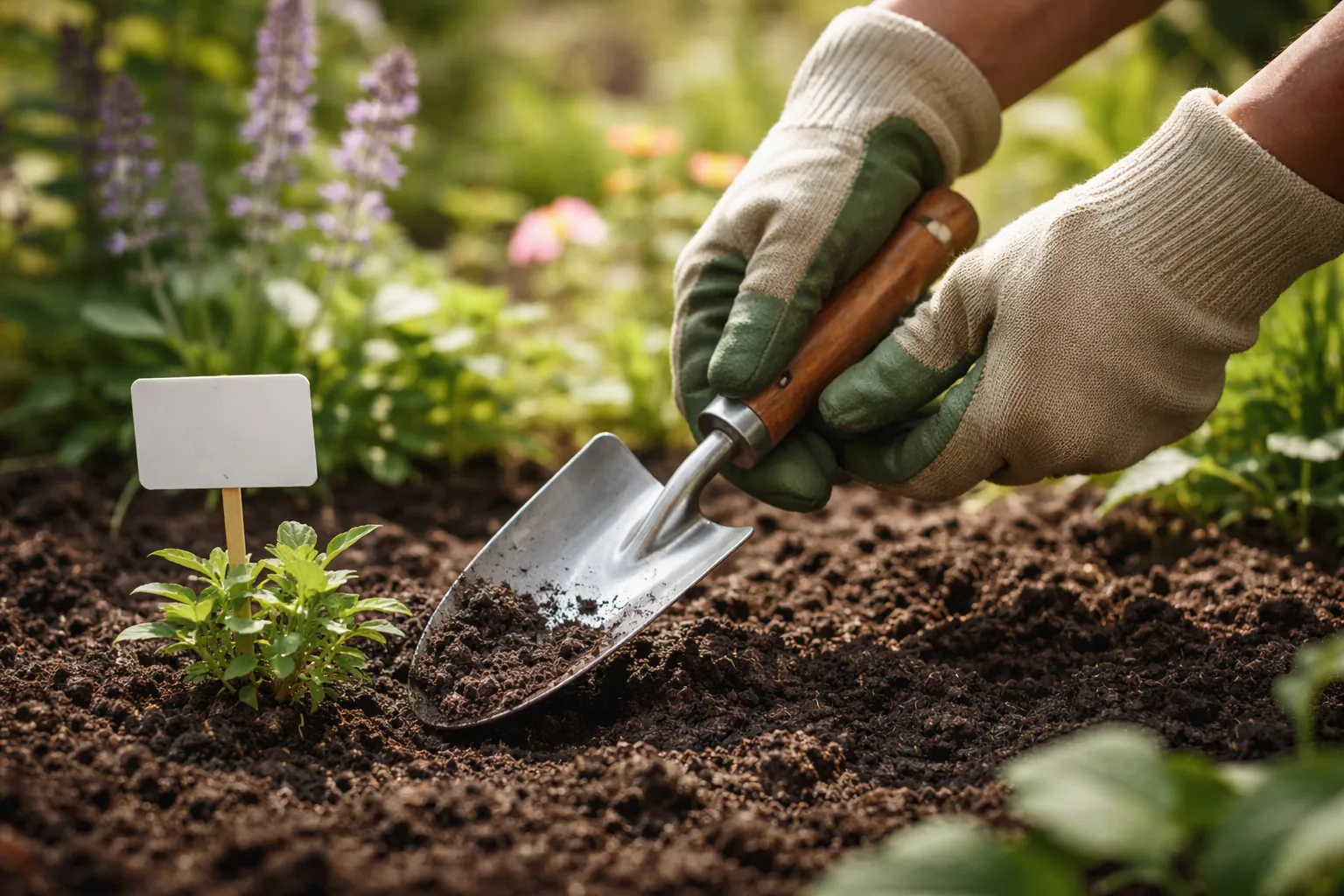 Gros plan sur des mains gantées tenant un transplantoir au-dessus d'une terre meuble, près d'un jeune plant et de son étiquette.