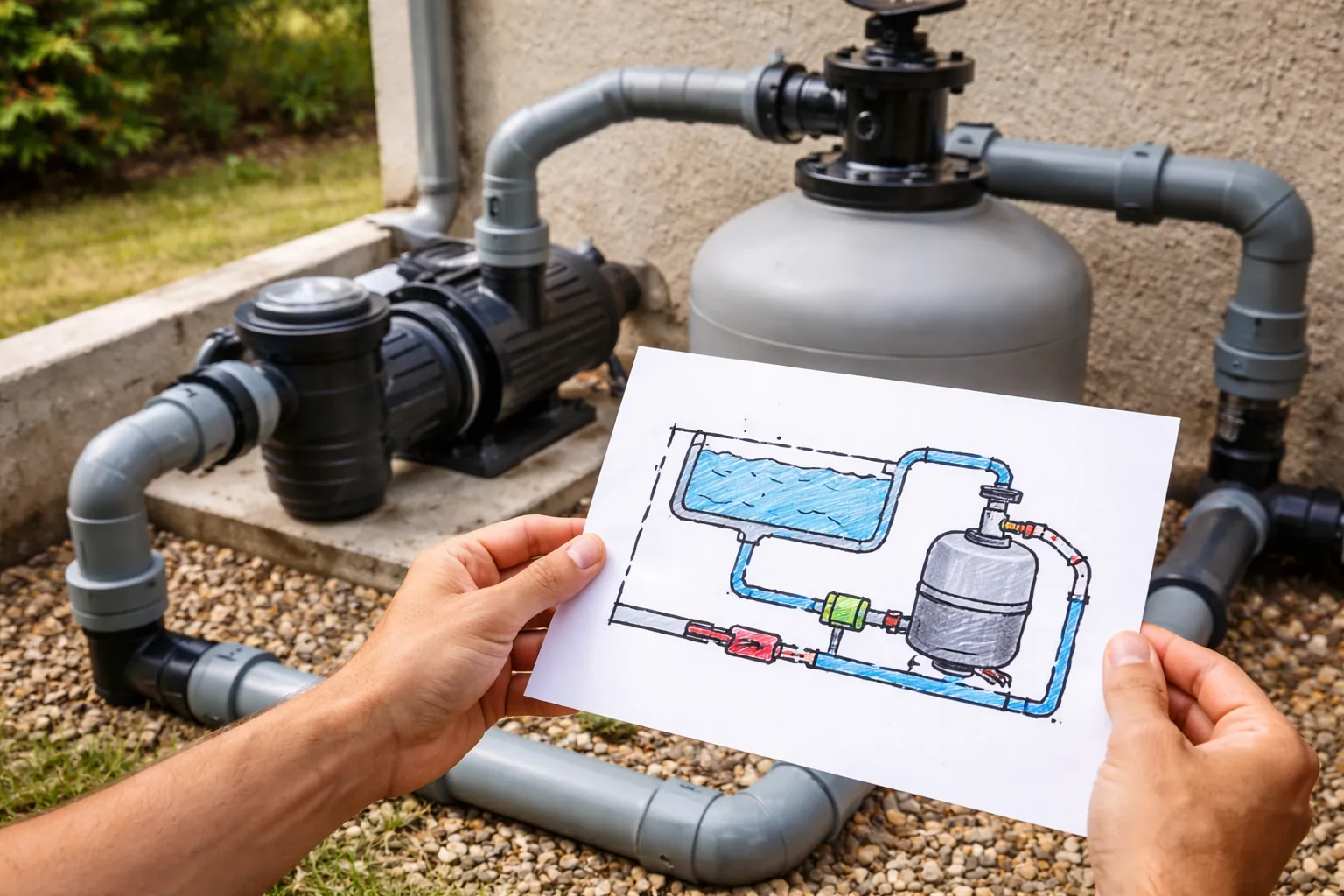 Gros plan sur des mains tenant un schéma hydraulique près d'une pompe de filtration et de canalisations de piscine.