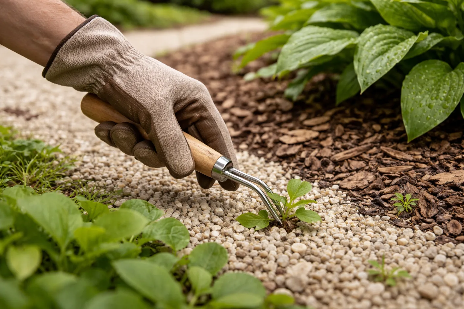 Gros plan sur des mains gantées utilisant un outil manuel pour retirer de jeunes herbes entre des gravillons.