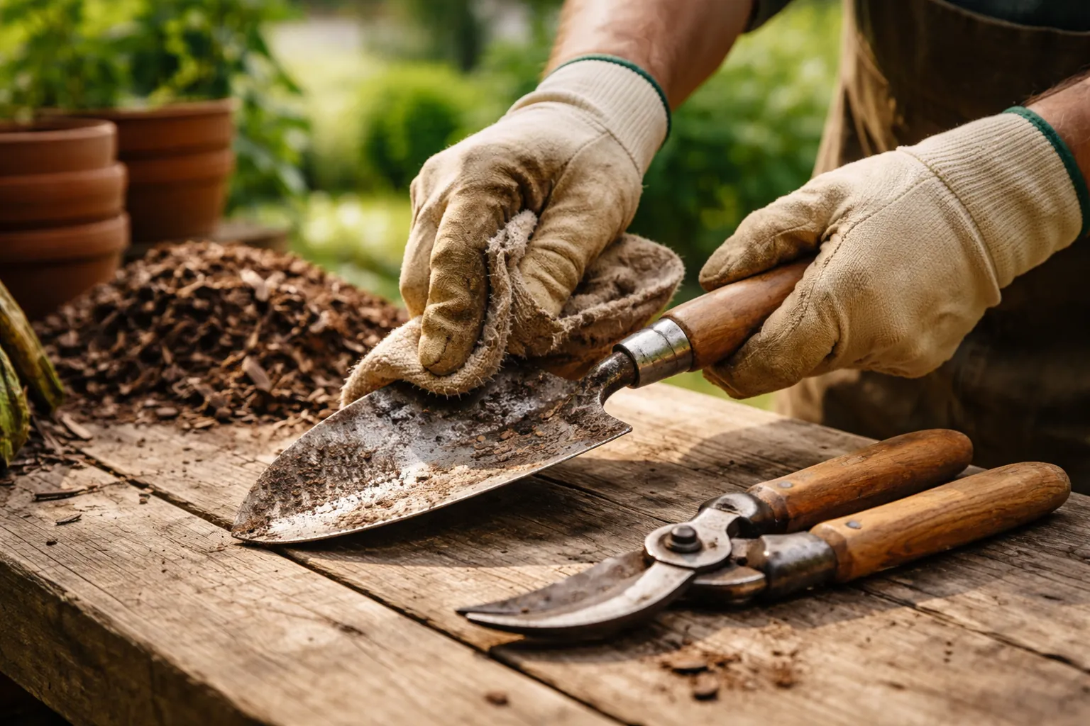 Gros plan sur des mains gantées nettoyant un transplantoir et un sécateur près de paillage dans un jardin.