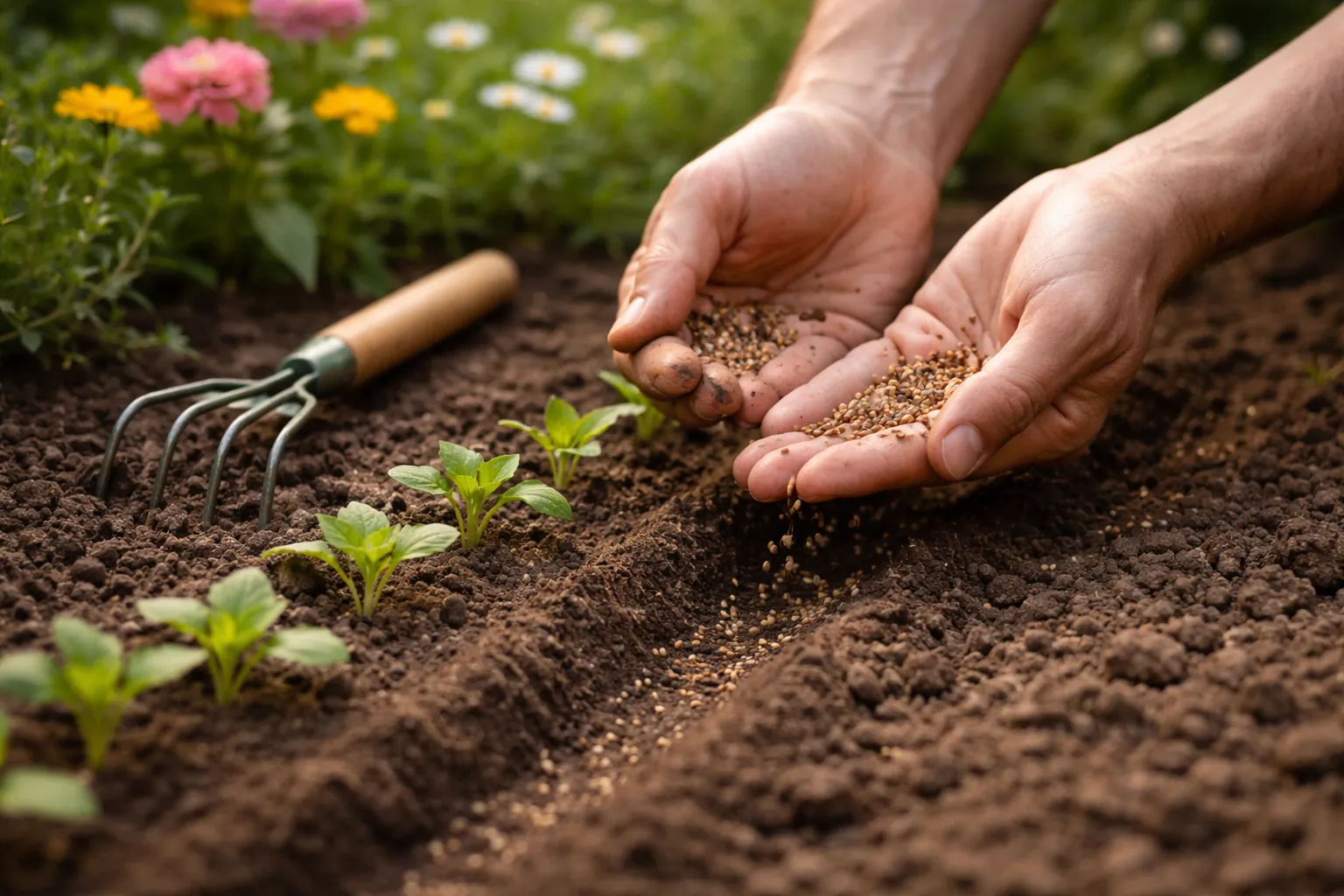 Gros plan sur des mains semant des graines de fleurs dans une terre finement préparée, avec un petit râteau sans marque à proximité.