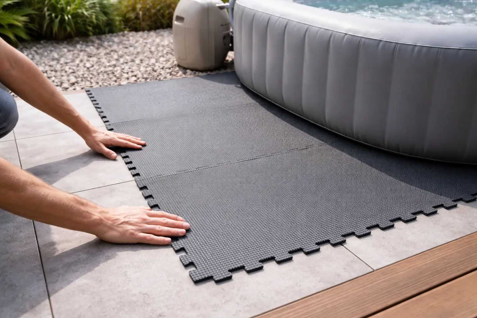Gros plan sur des mains installant une protection de sol près d'un spa sur une terrasse propre et plane.