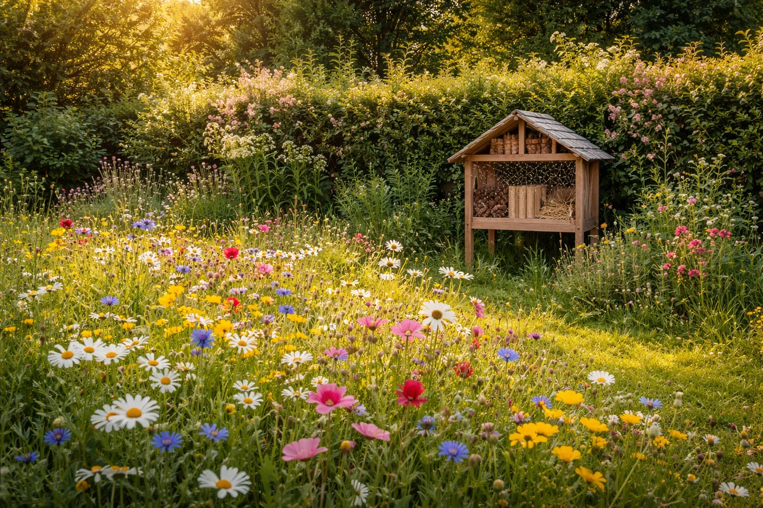 Prairie fleurie en lisière de jardin avec un hôtel à insectes en bois devant une haie variée
