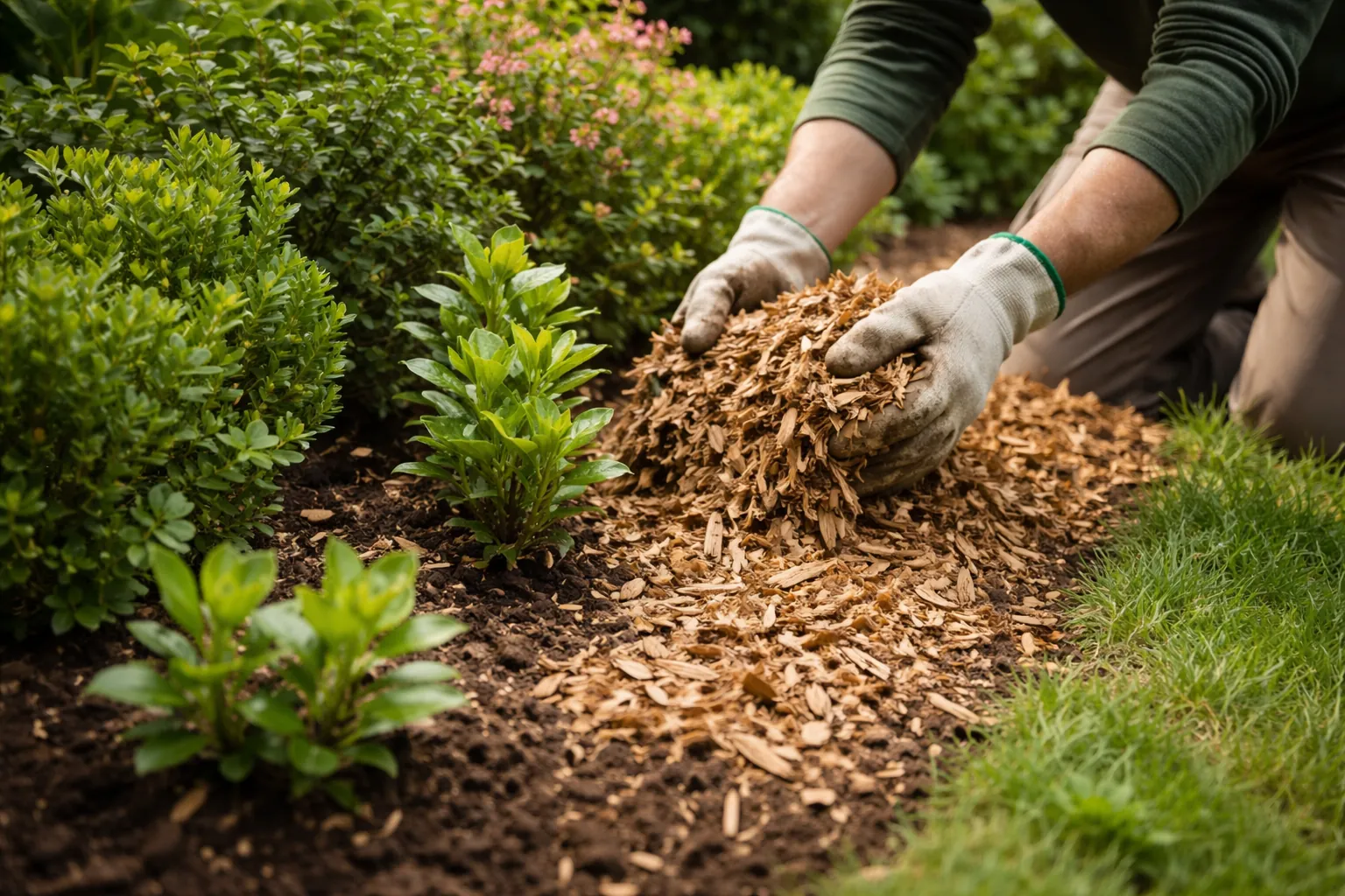 Mains déposant du broyat au pied de jeunes arbustes dans un jardin