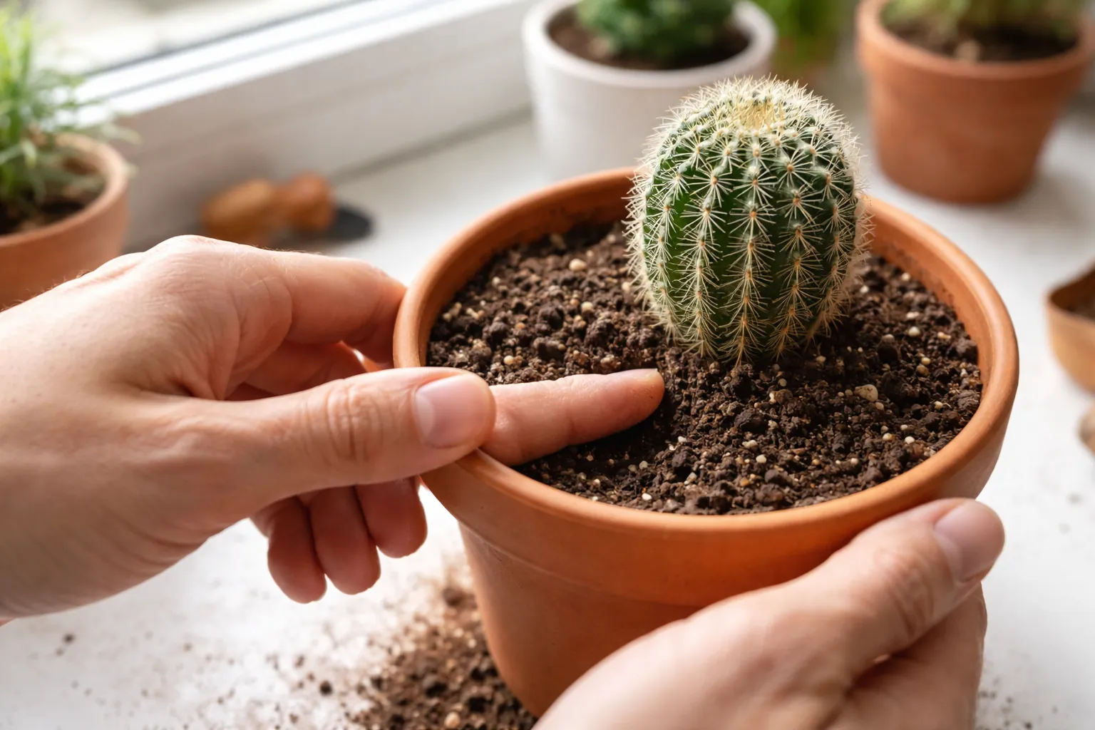 Gros plan sur des mains vérifiant le terreau d'un cactus dans un pot en terre cuite percé, posé sur un rebord de fenêtre lumineux.