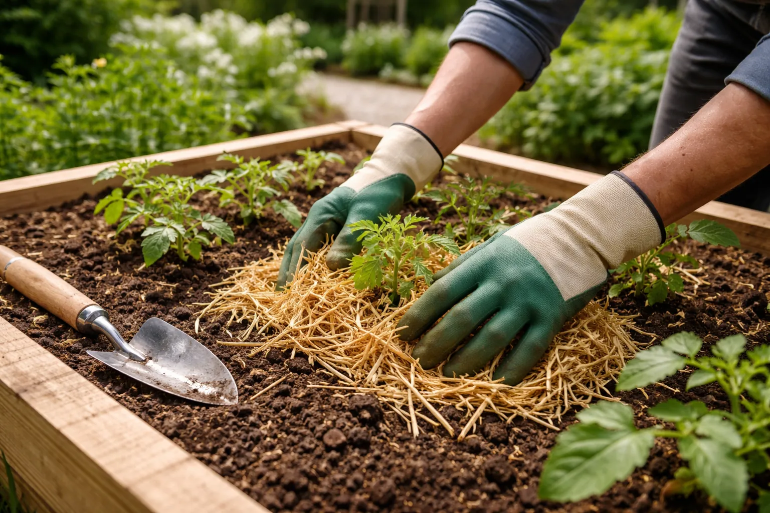 Gros plan sur des mains qui déposent du paillage autour de jeunes plants dans un bac potager en bois.