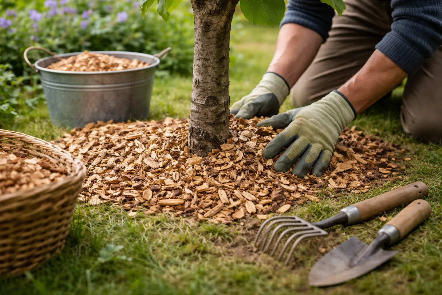 Gros plan sur des mains gantées déposant du broyat au pied d'un arbre fruitier, avec des outils de jardin sans marque à proximité.