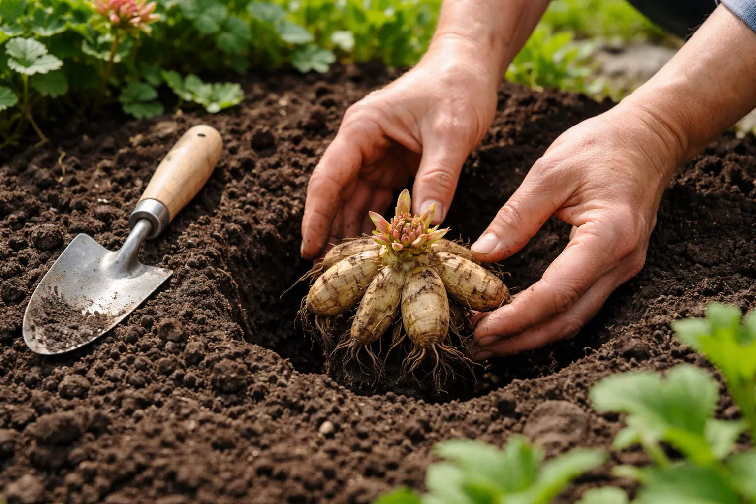 Gros plan sur des mains installant un tubercule de dahlia dans une terre meuble avec les bourgeons dirigés vers le haut.