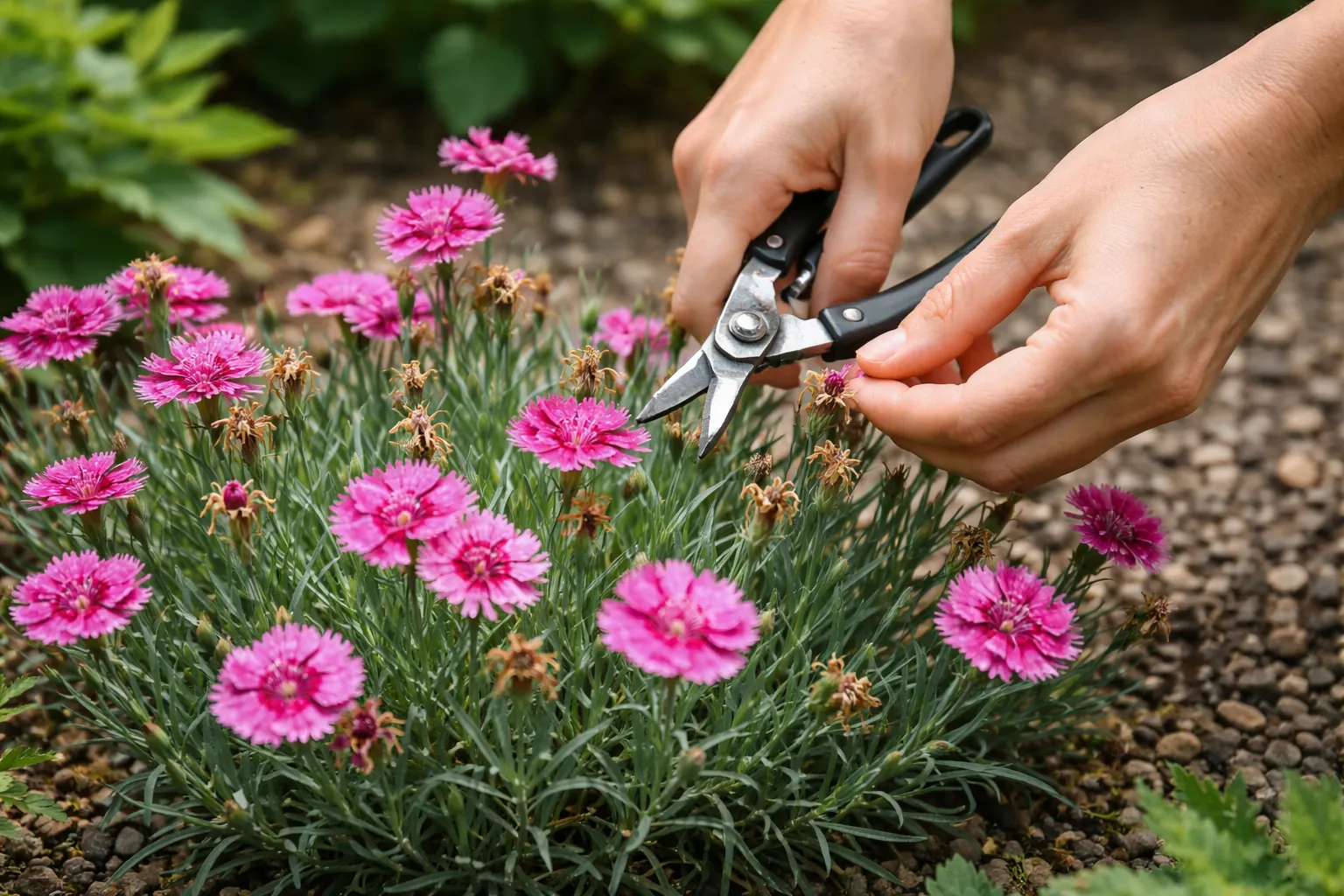 Gros plan sur des mains coupant une fleur fanée de dianthus avec un petit sécateur, dans un sol graveleux.