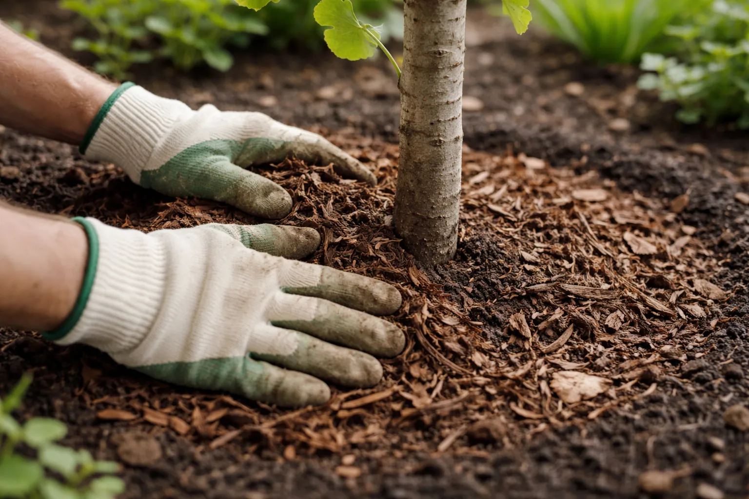 Gros plan de mains gantées déposant un paillage organique autour d'un jeune ginkgo, sans toucher son tronc.