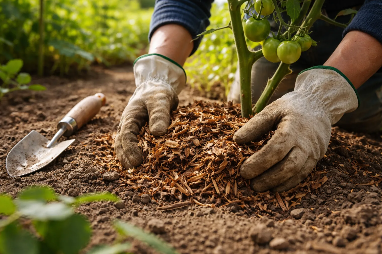 Des mains gantées étalent un paillage au pied d'un plant de légumes dans une terre sèche.