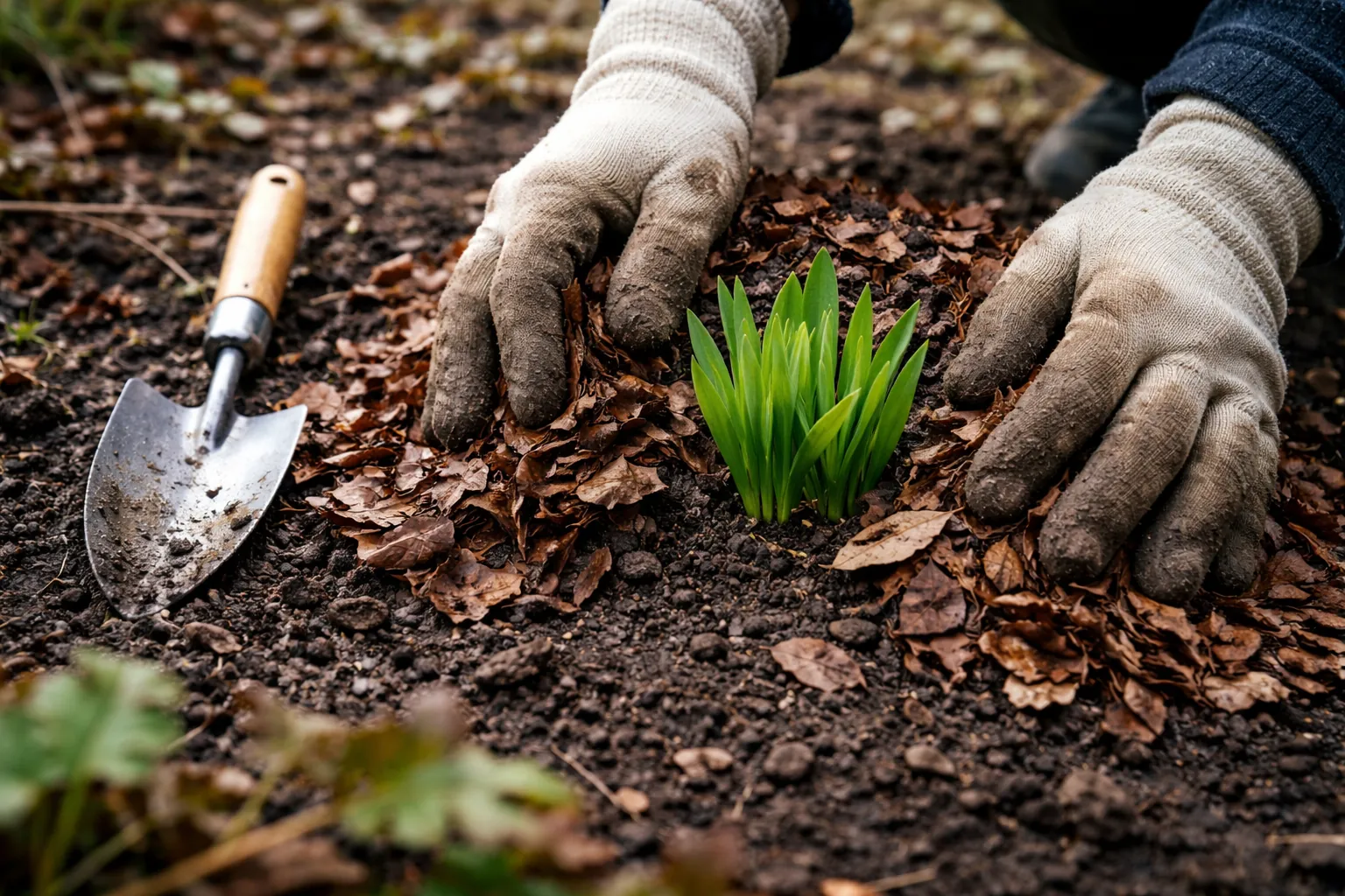 Des mains gantées répartissent des feuilles sèches autour de vivaces, en laissant leur cœur dégagé.